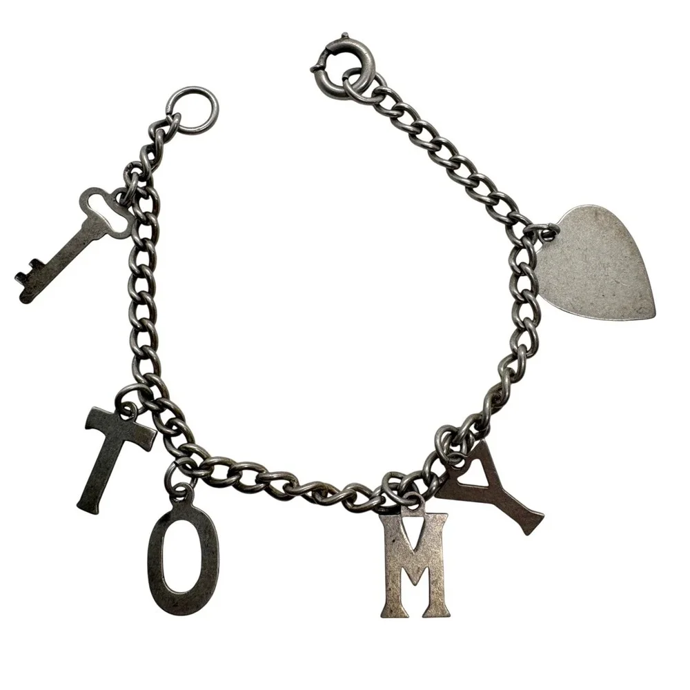 Vintage SKS Sterling Heart TOMY Name Key Charm Bracelet Silver Tone 7 Inch